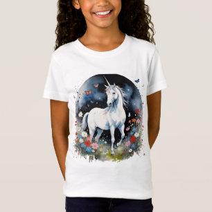 Magisches weißes Einhorn in einem Nachtgarten T-Shirt