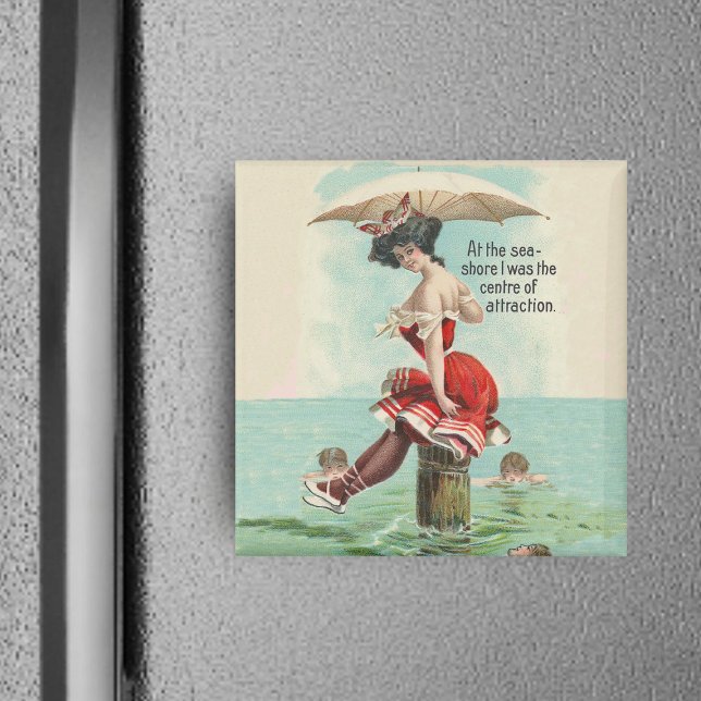 Magnet de beauté de bain victorien (Victorian lady in red bathing suit with parasol on log in ocean with admirers on square magnet.)