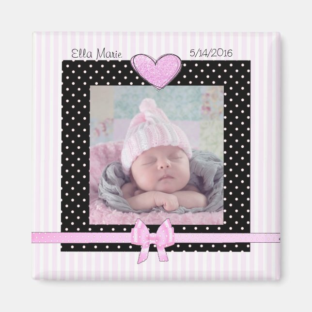 Magnet de fille faire-part de naissance rose bébé (Devant)