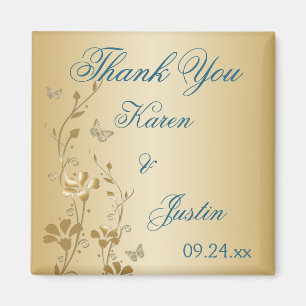 Magnet de fleurs turquoises et d'or et de papillon