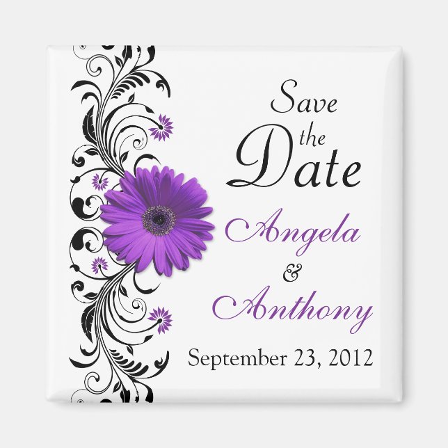 Magnet de mariage floral Marguerite Violette "Save (Devant)