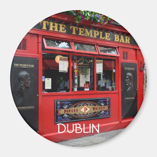 Magnet de pub Temple Bar rouge rond avec texte Dub (Devant)