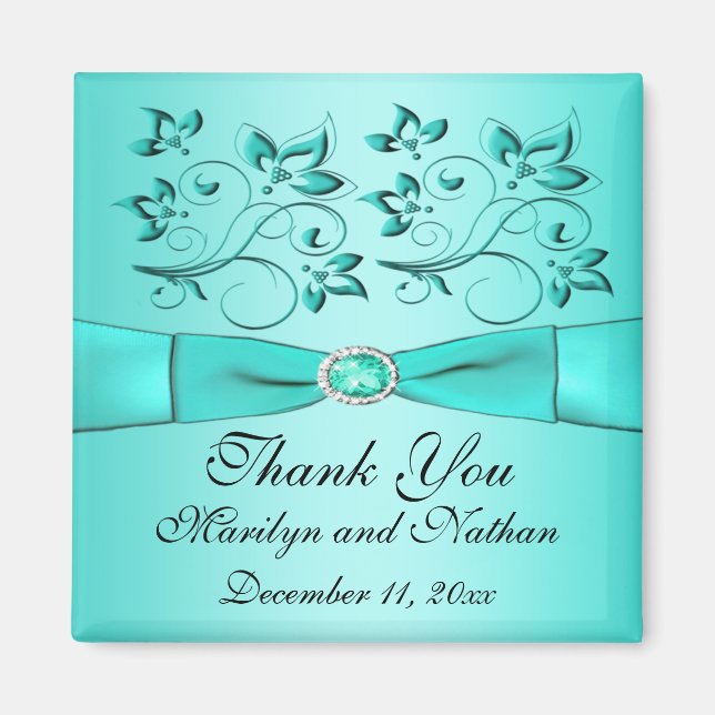Magnet de remerciement de mariage floral aqua et n (Devant)