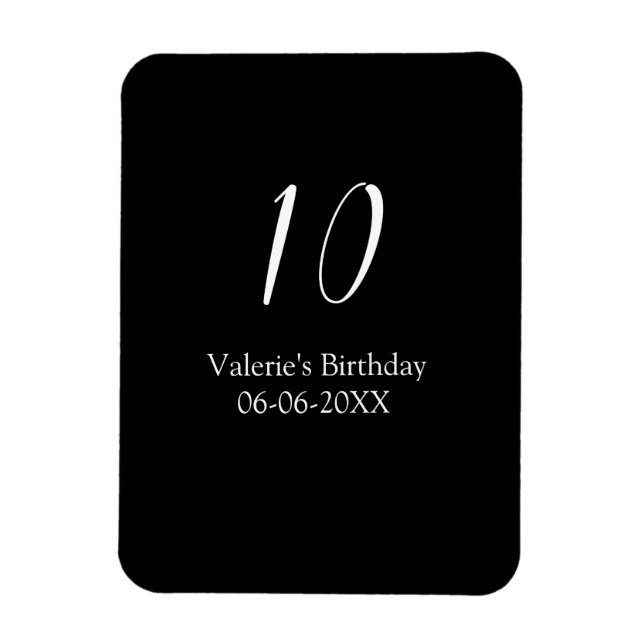 Magnet Flexible 10th birthday white black name date calligraphy  (Vertical)
