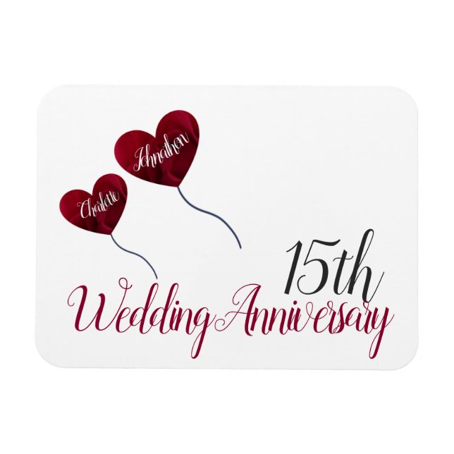 Magnet Flexible 15e anniversaire du mariage ballons de coeur rouge (Horizontal)