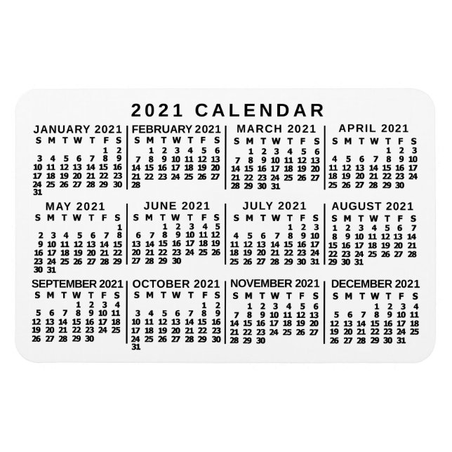 Magnet Flexible 2021 Year Monthly Calendar Classic White and Black (Horizontal)