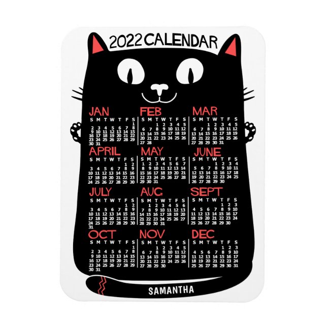 Magnet Flexible 2022 Année Calendrier mensuel Chat noir du milieu  (Vertical)