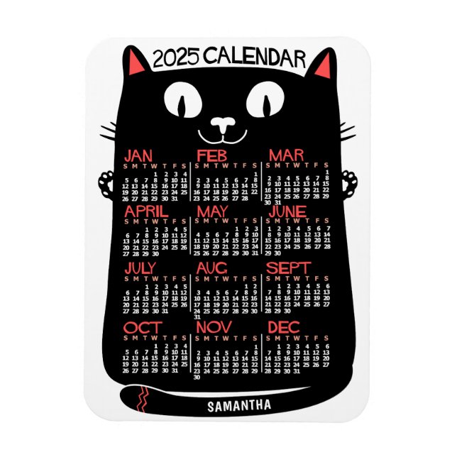 Magnet Flexible 2025 Année Calendrier mensuel Chat noir du milieu  (Vertical)