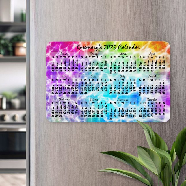 Magnet Flexible 2025 Année Calendrier mensuel Tiedye Hippie Arc-en (Créateur téléchargé)