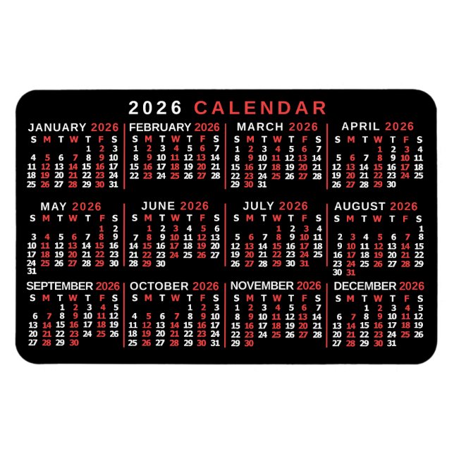 Magnet Flexible 2026 Year Monthly Calendar Classic Black Red White (Horizontal)