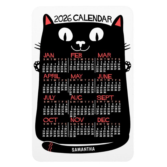 Magnet Flexible 2026 Year Monthly Calendar Mid-Century Black Cat (Vertical)