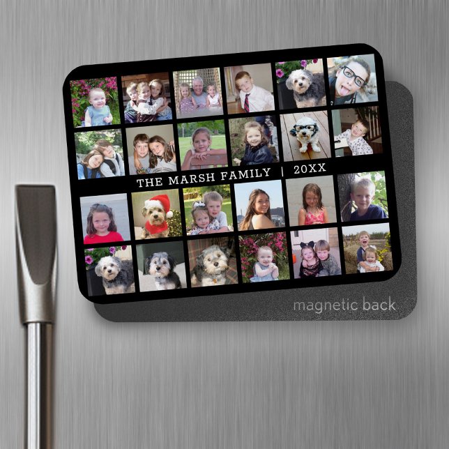 Magnet Flexible 24 Photo Collage avec nom de famille Date - noir (Personalized fridge magnet - add photos and custom text)