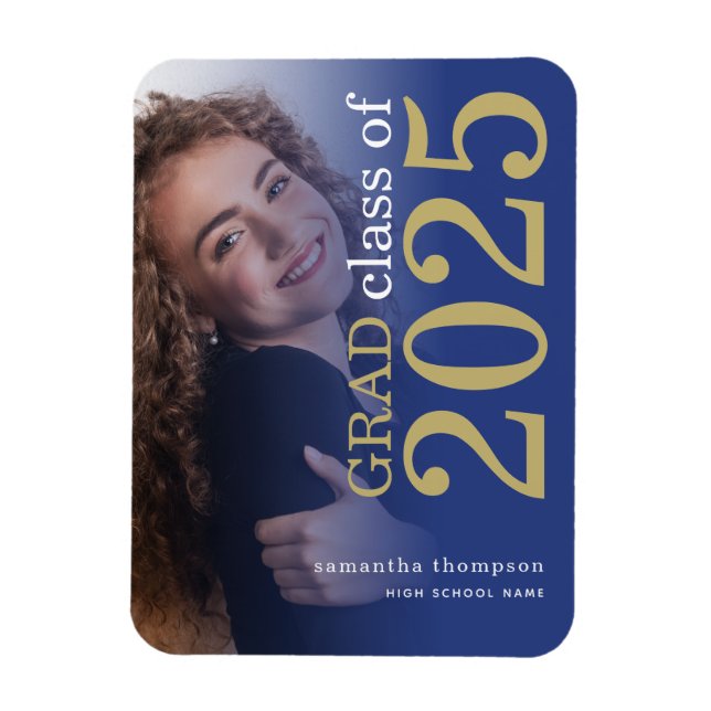 Magnet Flexible 2 photos modernes Blue Gold 2025 Graduation (Vertical)