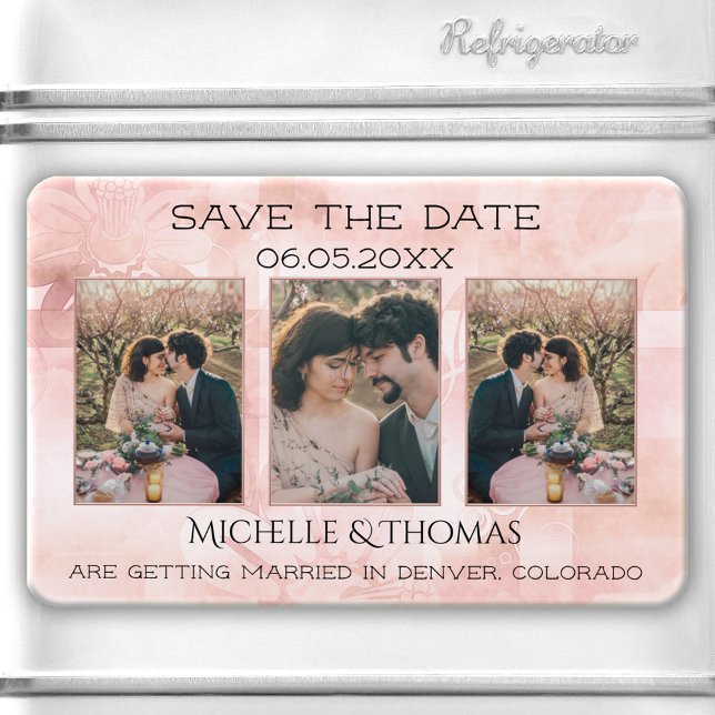 Magnet Flexible 3 Photos Géométrique Flore Blush Enregistrer la da (Save the Date magnet featuring your photos on an abstract floral design in peach and blush pink.)