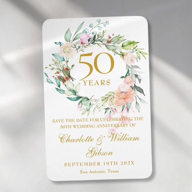 Magnet Flexible 50e anniversaire du Mariage Enregistrer la date Ro (50th Wedding Anniversary Save the Date Rose Floral Magnet)