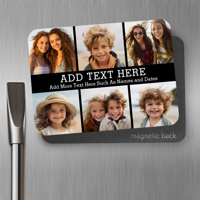 Magnet Flexible 6 Collage photo 2 lignes de texte — CAN Edit Black (Personalized fridge magnet - add photos and custom text)