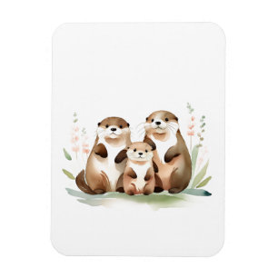 Magnet Flexible Adorable Famille De Otter Avec Fleurs