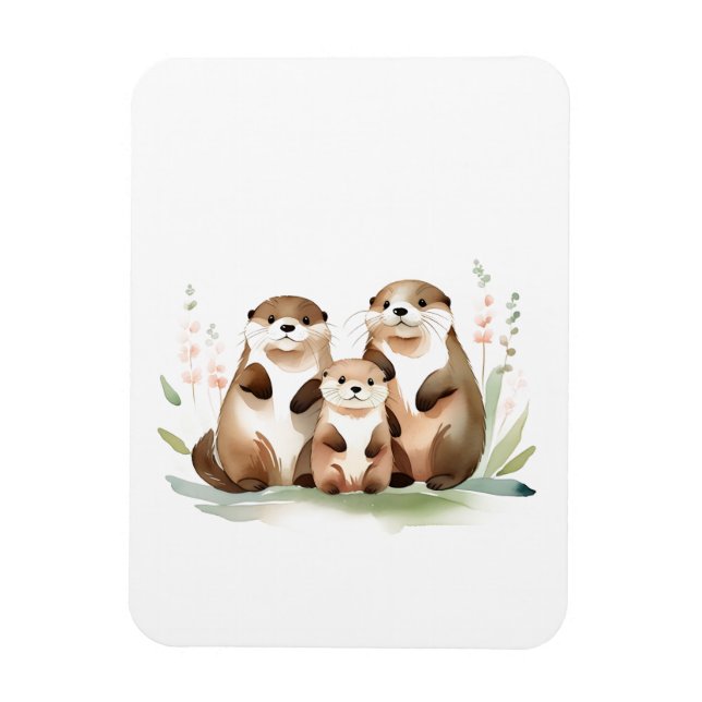 Magnet Flexible Adorable Famille De Otter Avec Fleurs (Vertical)