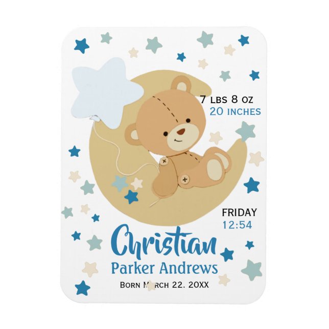 Magnet Flexible Adorable Teddy Bear Baby Boy Stats de naissance (Vertical)