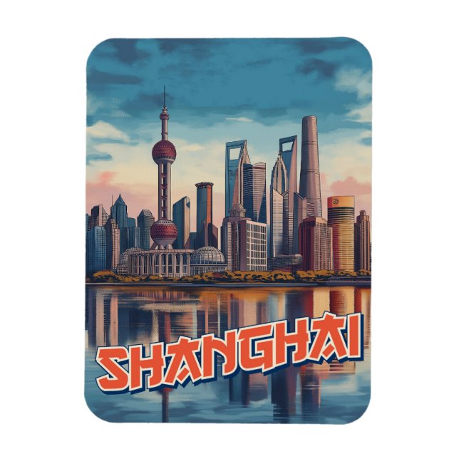 Magnet Flexible Affiche de Shanghai Skyline : Vivant paysage urbai (Vertical)