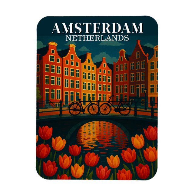 Magnet Flexible Amsterdam à Vélos de nuit, Canal Maisons Fleurs (Vertical)