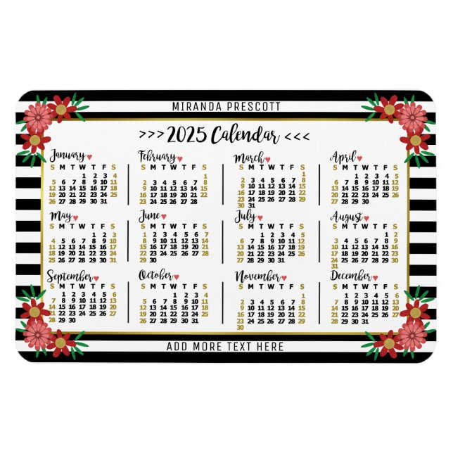 Magnet Flexible Année civile 2025 Rayures florales mensuelles Prép (Horizontal)