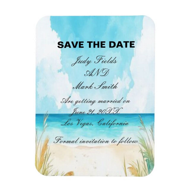 Magnet Flexible Aquarelle Blue Ocean Beach Enregistrer La Date (Vertical)