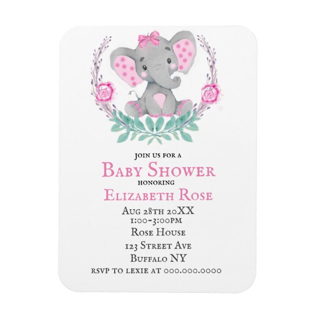 Magnet Flexible Aquarelle Cute Elephant Girl Invitations Baby show (Vertical)