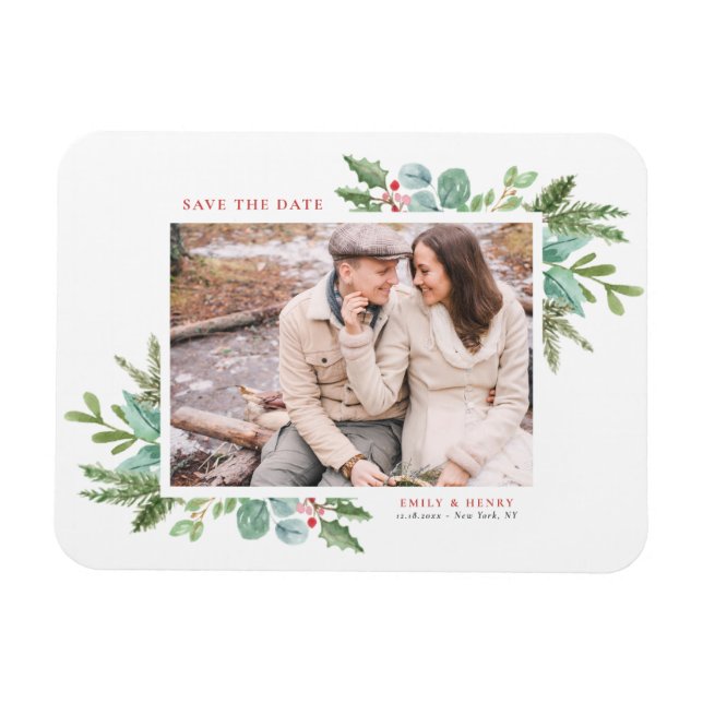 Magnet Flexible Aquarelle Foliage de Noël Photo Enregistrer la dat (Horizontal)