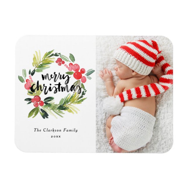 Magnet Flexible Aquarelle Holly Wreath Joyeux Noël Photo (Horizontal)