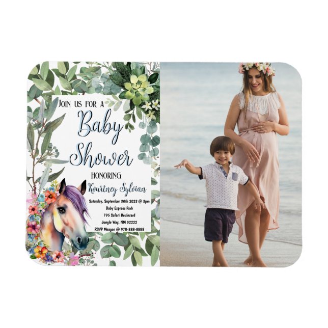 Magnet Flexible Aquarelle Horse Floral Baby shower photo personnal (Horizontal)