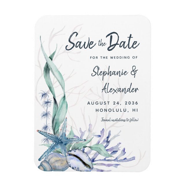 Magnet Flexible Aquarelle moderne Blue Beach Wedding Enregistrer l (Vertical)