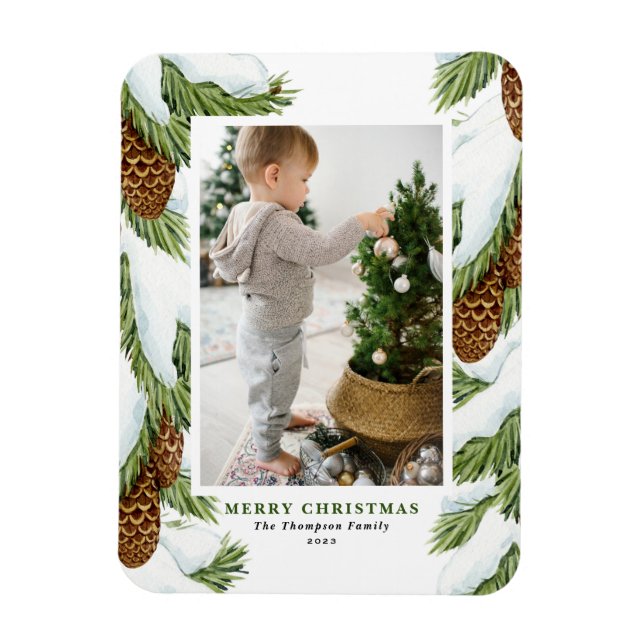 Magnet Flexible Aquarelle Pinecones neige Photo de Noël (Vertical)