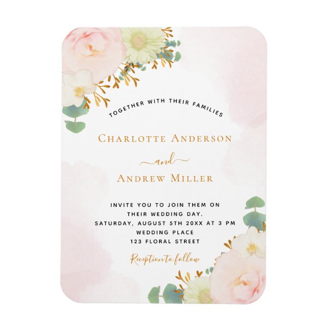 Magnet Flexible Aquarelle rose pâle rose or mariage (Vertical)