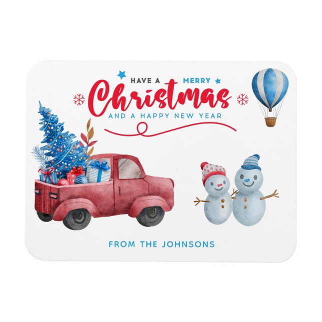 Magnet Flexible Aquarelle Rouge Camion de Noël Scène de Noël (Horizontal)