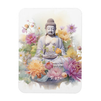 Magnet Flexible Aquarelle Serene Bouddha rose Fleurs Jaunes Art