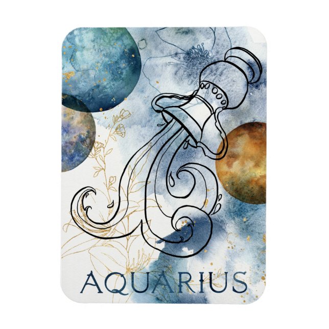 Magnet Flexible Aquarius zodiac bleu noir planètes texte or noir (Vertical)