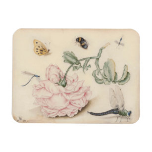 Magnet Flexible Art vintage avec une rose et des insectes rose pâl