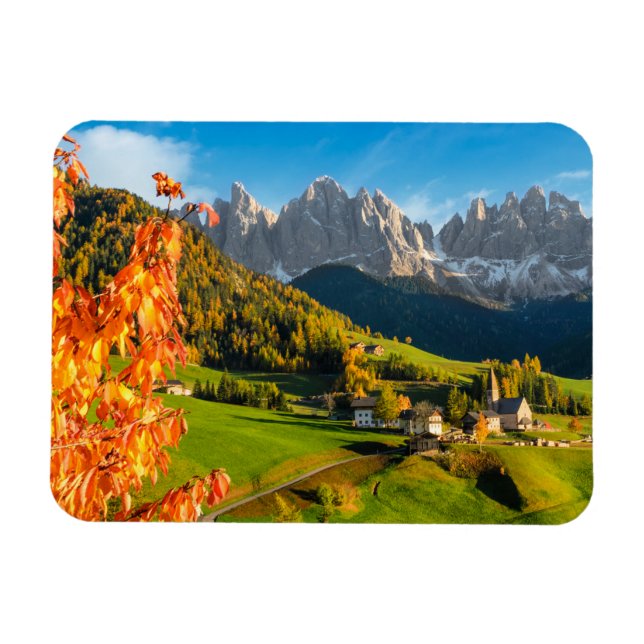 Magnet Flexible Automne dans un paysage de Dolomites avec église (Horizontal)
