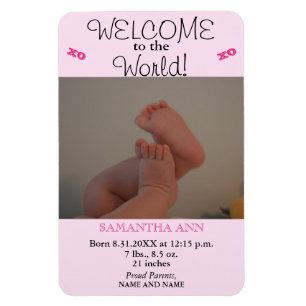 Magnet Flexible Baby Girl rose photo Faire-part de statistiques de