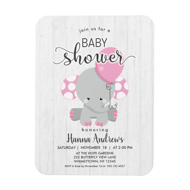 Magnet Flexible Baby shower éléphant rose bois blanc Invitation (Vertical)