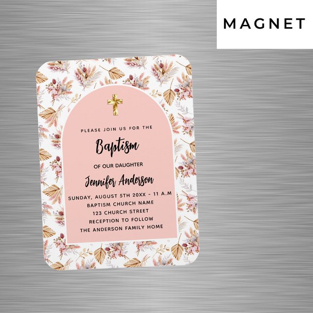 Magnet Flexible Baptême Pampas fleurs rose or rose invitation (Créateur téléchargé)