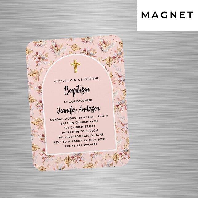Magnet Flexible Baptême Pampas fleurs rose or rose invitation (Créateur téléchargé)