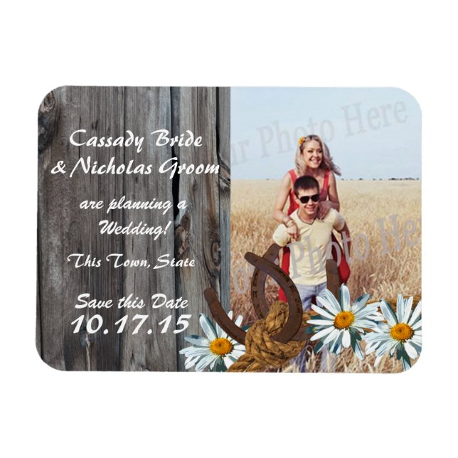 Magnet Flexible Barn Wood Horseshoes Daisies Save the Date Photo (Horizontal)