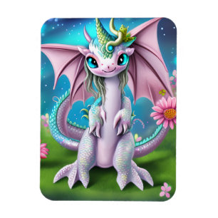 Magnet Flexible Bébé mignon et souriant Dragon aux fleurs