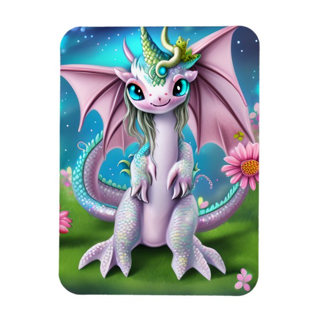 Magnet Flexible Bébé mignon et souriant Dragon aux fleurs (Vertical)