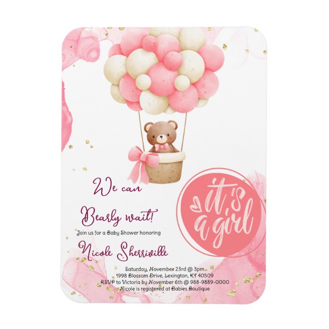 Magnet Flexible Bébé Ours rose Or Hot Air Baby shower (Vertical)