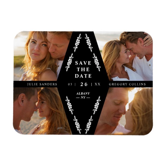 Magnet Flexible Black Botanical Modern Collage 4 Photos Wedding (Horizontal)