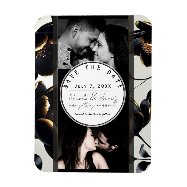 Magnet Flexible Black & Gold Floral Greige Mariage Enregistrer la  (Vertical)