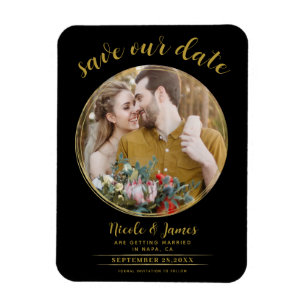 Magnet Flexible Black & Gold Modern Round Photo Enregistrer la dat